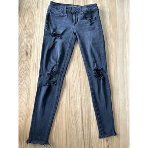 American Eagle Sz 2 Super Low Jegging Black Stretch x4 Denim Jeans Distressed